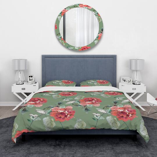 Designart 'Red Flowers in Green Background' Traditional Bedding Set